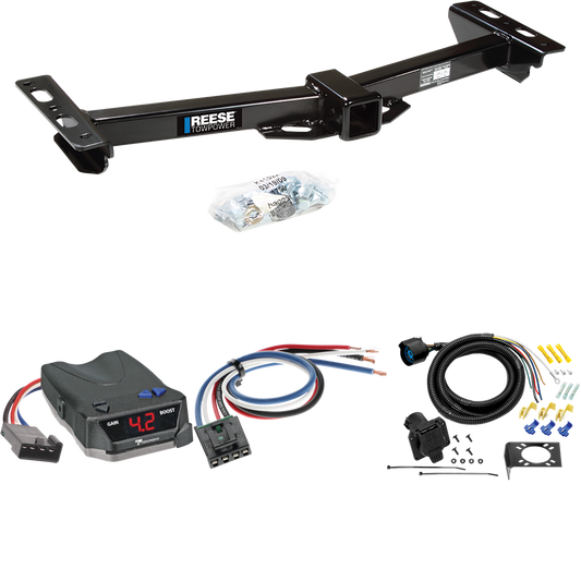 Fits 1988-1999 GMC K1500 Trailer Hitch Tow PKG w/ Tekonsha BRAKE-EVN Brake Control + Generic BC Wiring Adapter + 7-Way RV Wiring (For w/Aftermarket Roll Pan Models) By Reese Towpower