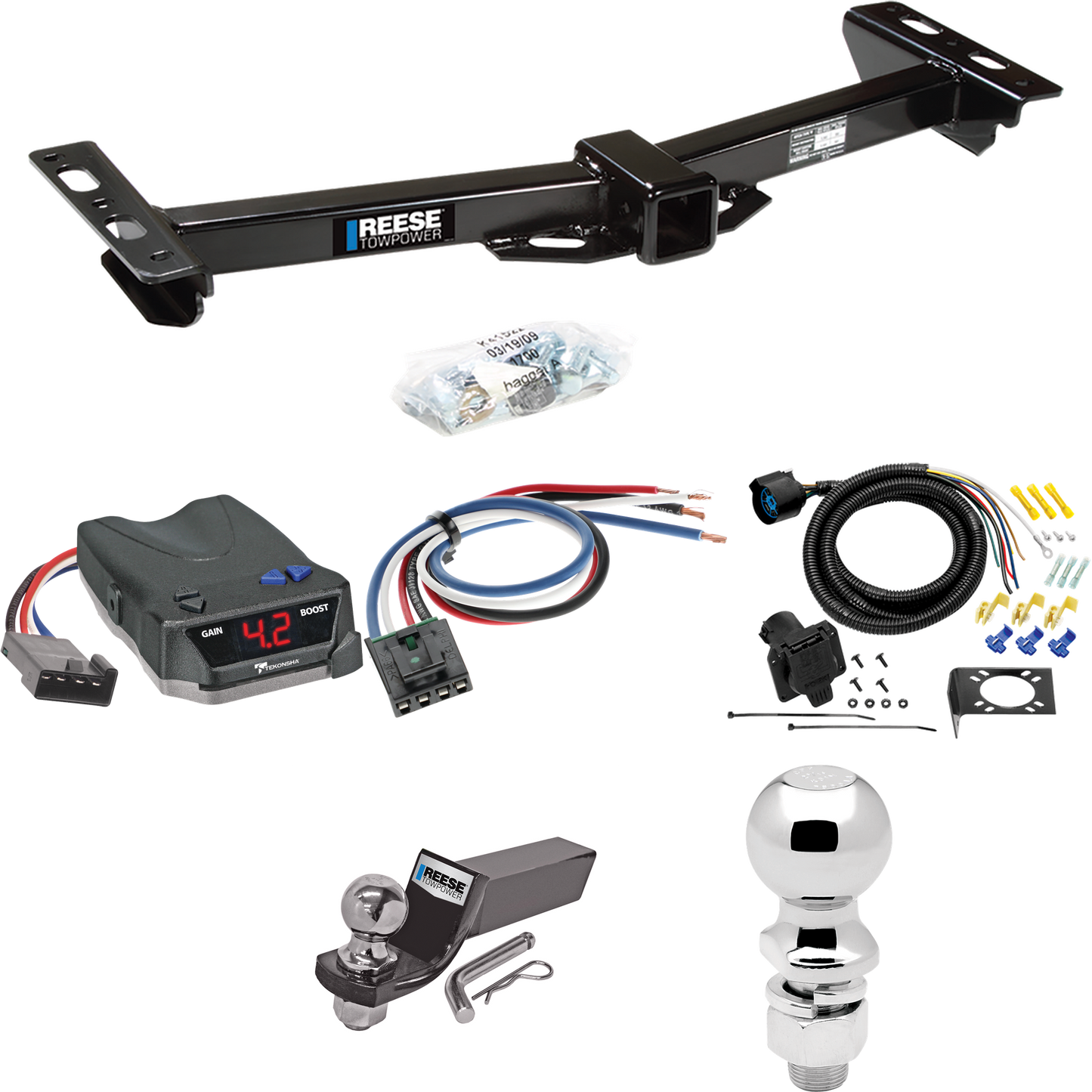 Fits 1988-1999 GMC K1500 Trailer Hitch Tow PKG w/ Tekonsha BRAKE-EVN Brake Control + Generic BC Wiring Adapter + 7-Way RV Wiring + 2" & 2-5/16" Ball & Drop Mount (For w/Aftermarket Roll Pan Models) By Reese Towpower