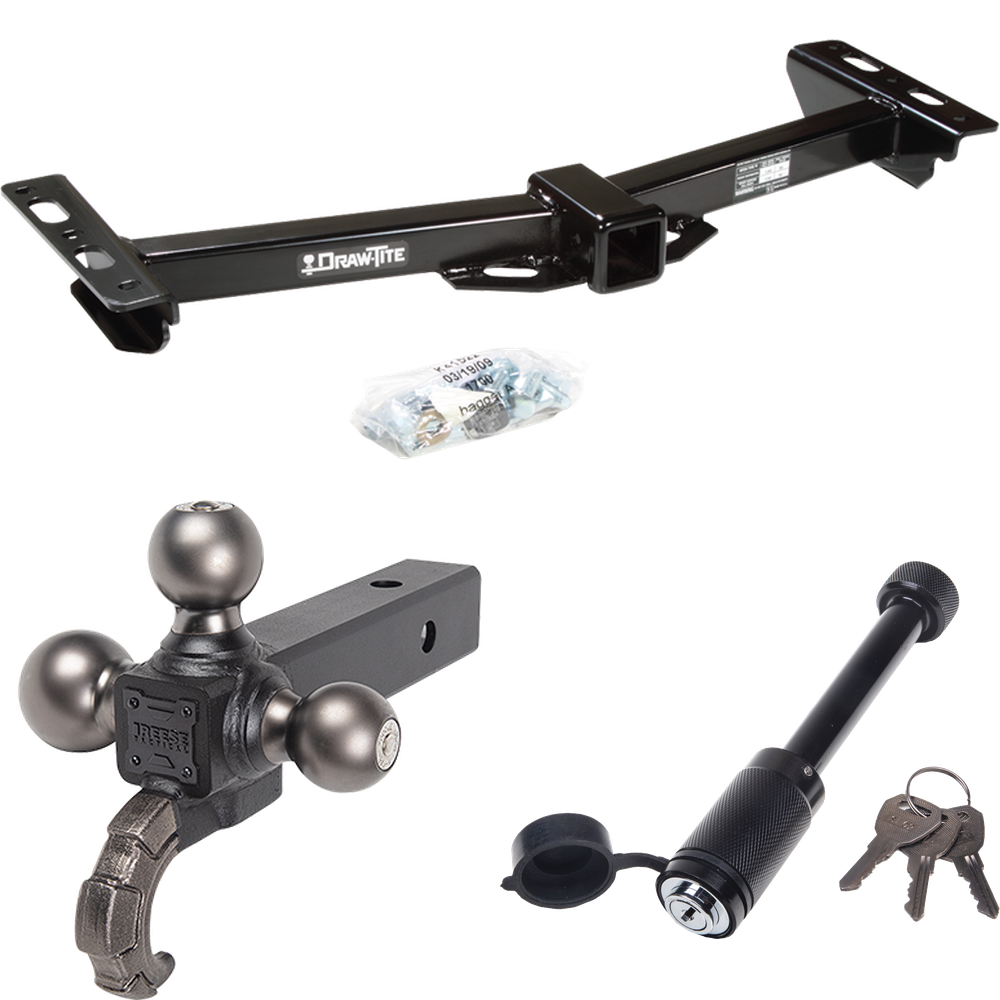 Fits 1988-2000 GMC C3500 Trailer Hitch Tow PKG + Triple Ball Tactical Ball Mount 1-7/8" & 2" & 2-5/16" Balls w/ Tow Hook + Tactical Dogbone Lock (For w/Aftermarket Roll Pan Models) By Draw-Tite