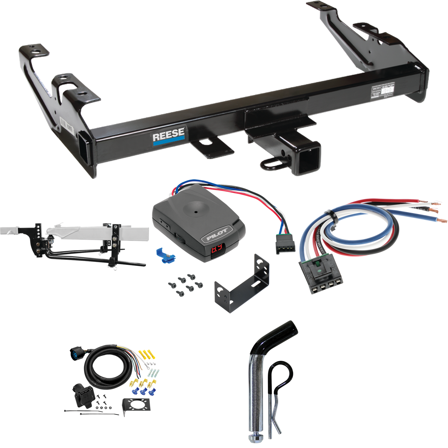 Fits 1988-2000 GMC C3500 Trailer Hitch Tow PKG w/ 11.5K Round Bar Weight Distribution Hitch w/ 2-5/16" Ball + Pin/Clip + Pro Series Pilot Brake Control + Generic BC Wiring Adapter + 7-Way RV Wiring By Reese Towpower