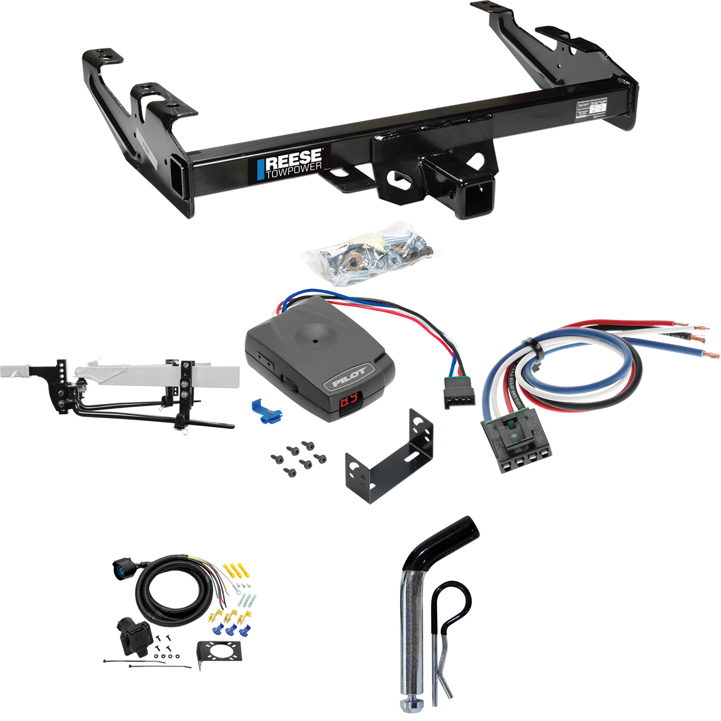 Fits 1992-2000 Chevrolet C2500 Trailer Hitch Tow PKG w/ 11.5K Round Bar Weight Distribution Hitch w/ 2-5/16" Ball + Pin/Clip + Pro Series Pilot Brake Control + Generic BC Wiring Adapter + 7-Way RV Wiring (For Crew Cab Models) By Reese Towpower