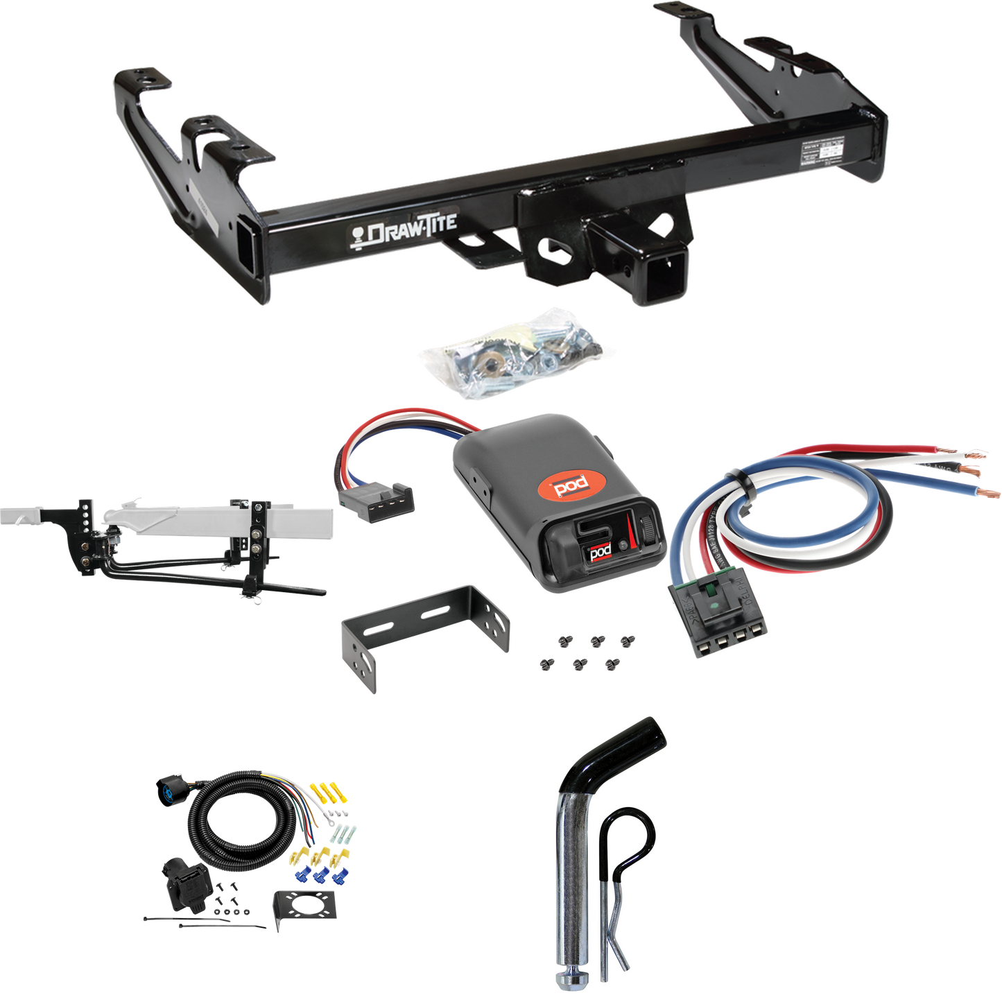 Fits 1988-1999 GMC C1500 Trailer Hitch Tow PKG w/ 11.5K Round Bar Weight Distribution Hitch w/ 2-5/16" Ball + Pin/Clip + Pro Series POD Brake Control + Generic BC Wiring Adapter + 7-Way RV Wiring By Draw-Tite