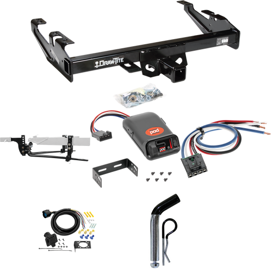 Fits 1988-1999 GMC C1500 Trailer Hitch Tow PKG w/ 11.5K Round Bar Weight Distribution Hitch w/ 2-5/16" Ball + Pin/Clip + Pro Series POD Brake Control + Generic BC Wiring Adapter + 7-Way RV Wiring By Draw-Tite