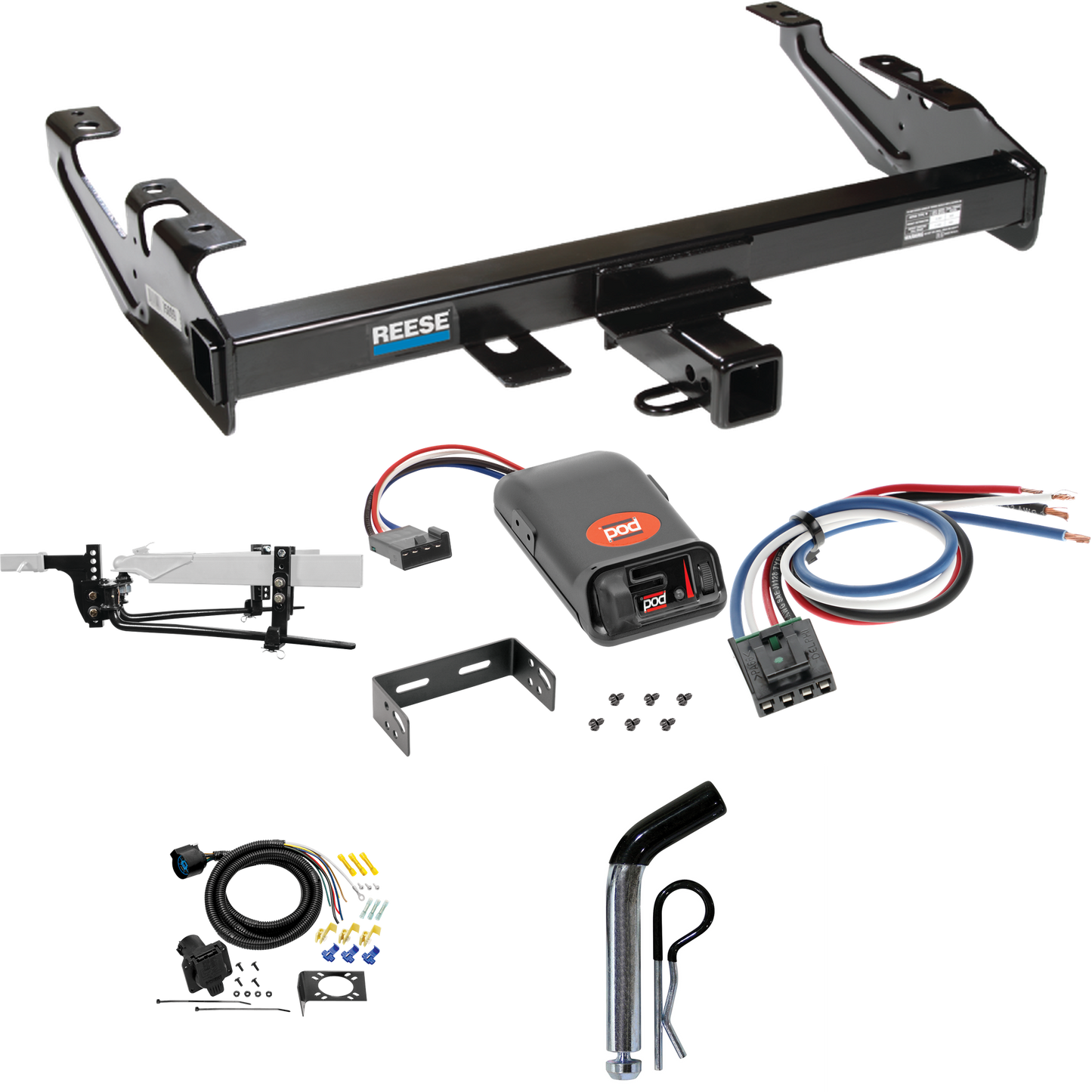 Fits 1992-2000 Chevrolet K3500 Trailer Hitch Tow PKG w/ 11.5K Round Bar Weight Distribution Hitch w/ 2-5/16" Ball + Pin/Clip + Pro Series POD Brake Control + Generic BC Wiring Adapter + 7-Way RV Wiring (For Crew Cab Models) By Reese Towpower