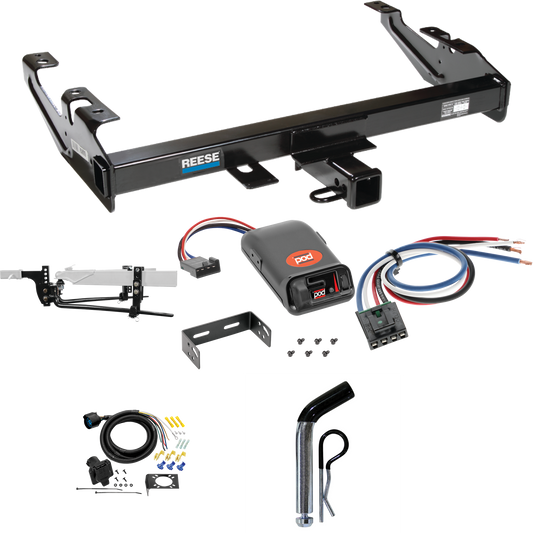 Fits 1992-2000 Chevrolet K3500 Trailer Hitch Tow PKG w/ 11.5K Round Bar Weight Distribution Hitch w/ 2-5/16" Ball + Pin/Clip + Pro Series POD Brake Control + Generic BC Wiring Adapter + 7-Way RV Wiring (For Crew Cab Models) By Reese Towpower