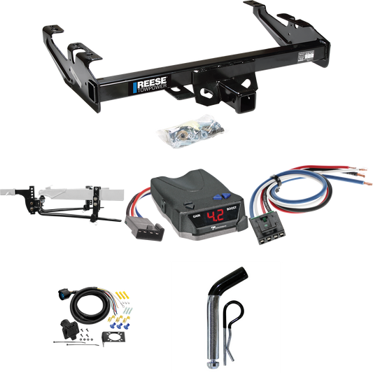 Fits 1992-2000 Chevrolet C2500 Trailer Hitch Tow PKG w/ 11.5K Round Bar Weight Distribution Hitch w/ 2-5/16" Ball + Pin/Clip + Tekonsha BRAKE-EVN Brake Control + Generic BC Wiring Adapter + 7-Way RV Wiring (For Crew Cab Models) By Reese Towpower