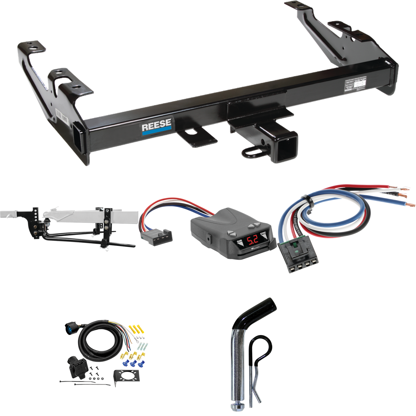 Fits 1988-2000 Chevrolet K3500 Trailer Hitch Tow PKG w/ 11.5K Round Bar Weight Distribution Hitch w/ 2-5/16" Ball + Pin/Clip + Tekonsha Brakeman IV Brake Control + Generic BC Wiring Adapter + 7-Way RV Wiring (For Regular & Extended Cabs Models) By Re