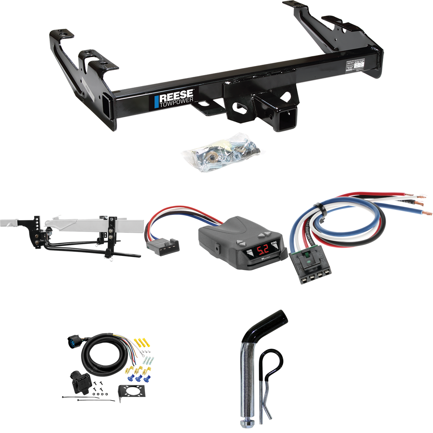 Fits 1988-1999 Chevrolet C2500 Trailer Hitch Tow PKG w/ 11.5K Round Bar Weight Distribution Hitch w/ 2-5/16" Ball + Pin/Clip + Tekonsha Brakeman IV Brake Control + Generic BC Wiring Adapter + 7-Way RV Wiring (For Regular & Extended Cabs Models) By Re