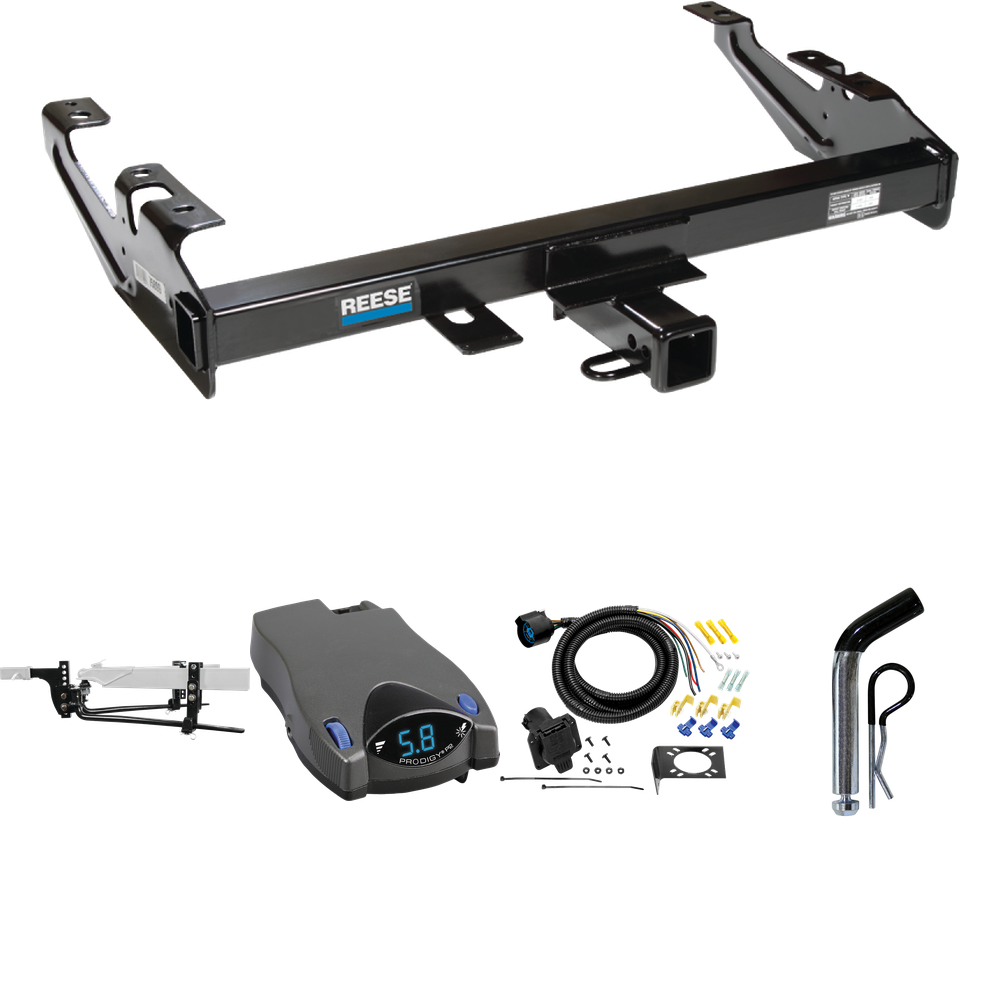 Fits 1988-2000 GMC C2500 Trailer Hitch Tow PKG w/ 11.5K Round Bar Weight Distribution Hitch w/ 2-5/16" Ball + Pin/Clip + Tekonsha Prodigy P2 Brake Control + 7-Way RV Wiring By Reese Towpower