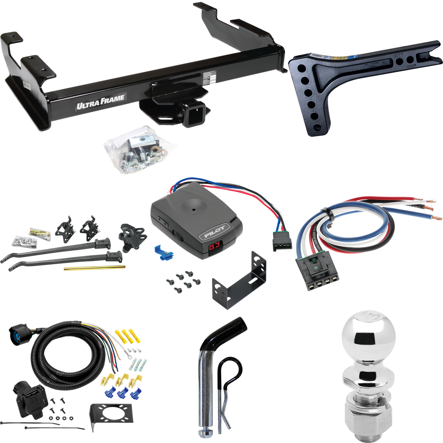 Fits 1988-2000 GMC C2500 Trailer Hitch Tow PKG w/ 15K Trunnion Bar Weight Distribution Hitch + Pin/Clip + 2-5/16" Ball + Pro Series Pilot Brake Control + Generic BC Wiring Adapter + 7-Way RV Wiring By Draw-Tite