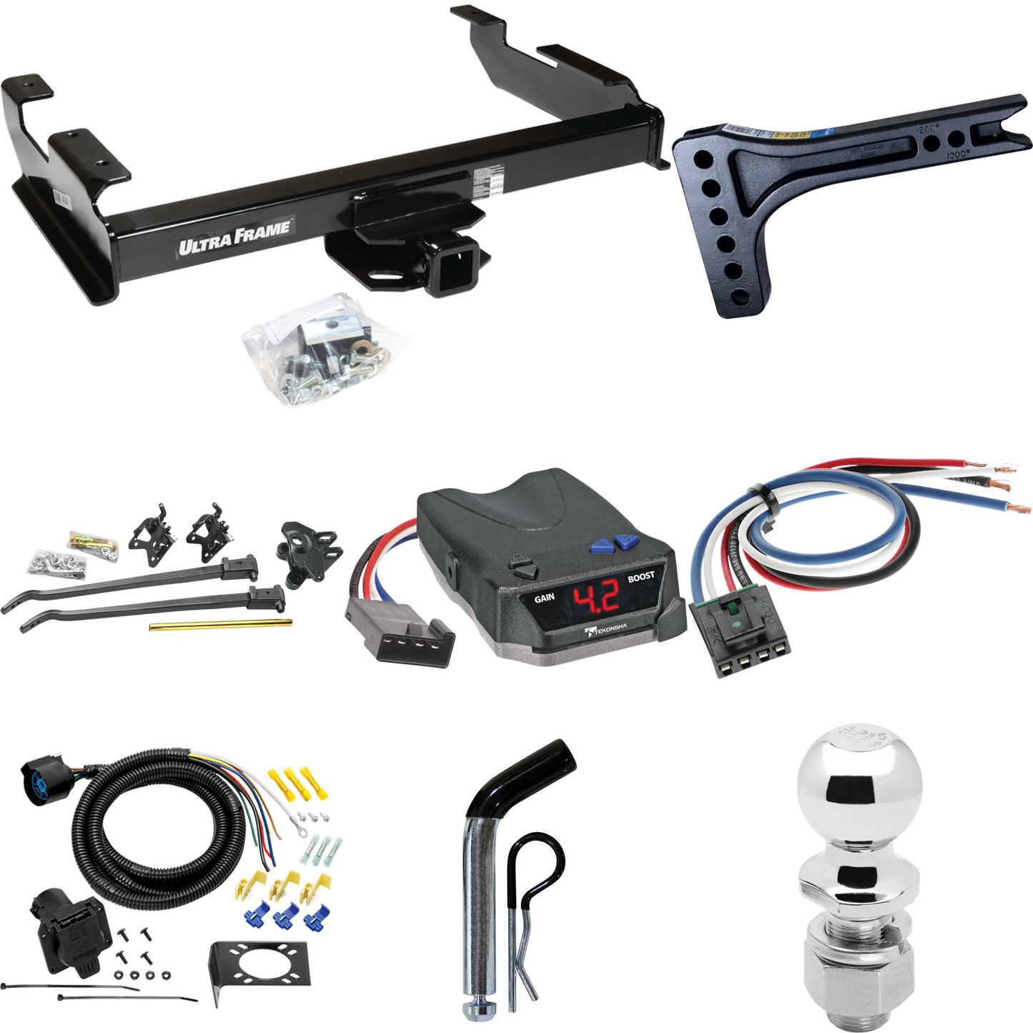 Fits 1992-2000 Chevrolet K2500 Trailer Hitch Tow PKG w/ 15K Trunnion Bar Weight Distribution Hitch + Pin/Clip + 2-5/16" Ball + Tekonsha BRAKE-EVN Brake Control + Generic BC Wiring Adapter + 7-Way RV Wiring (For Crew Cab Models) By Draw-Tite