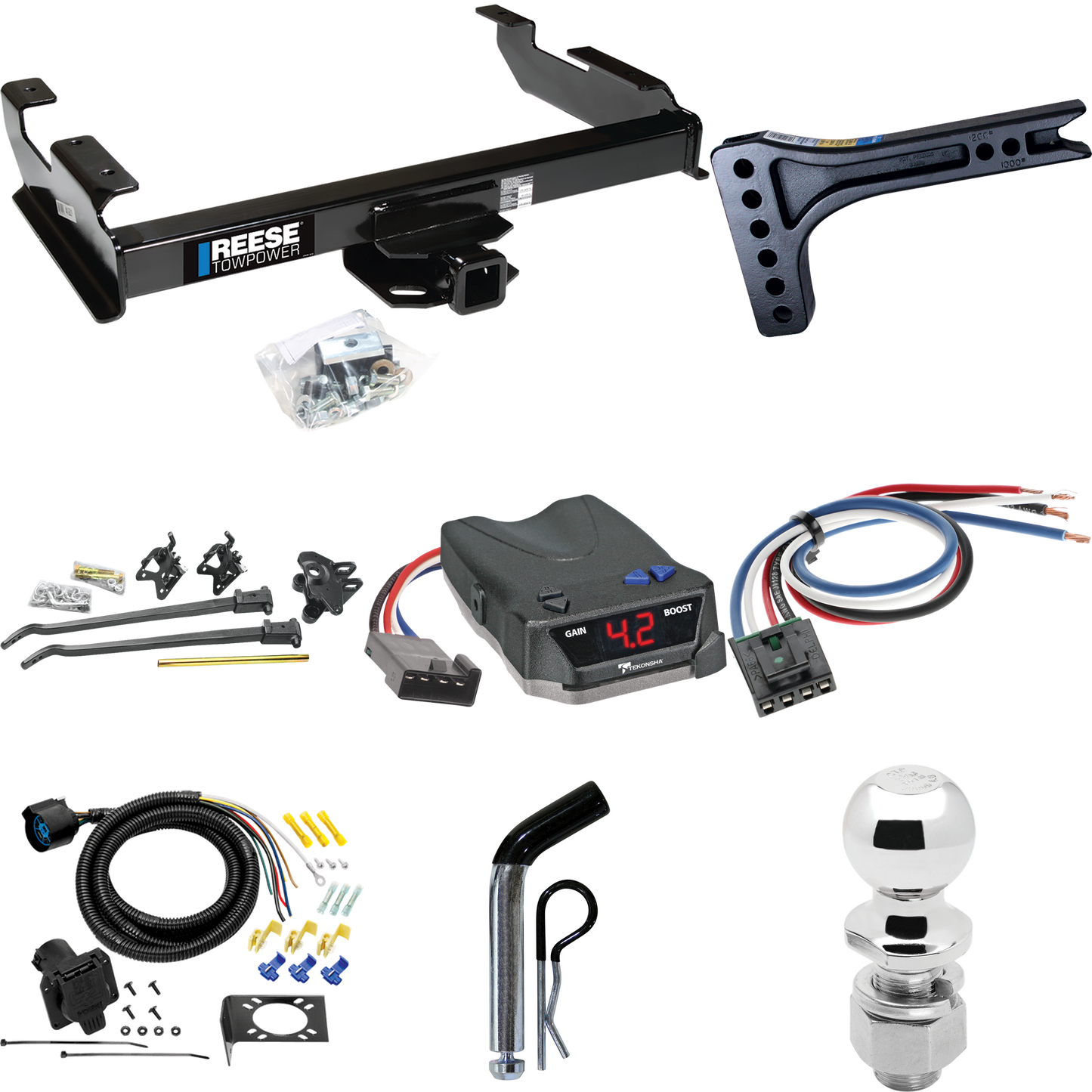 Fits 1988-1999 Chevrolet K1500 Trailer Hitch Tow PKG w/ 15K Trunnion Bar Weight Distribution Hitch + Pin/Clip + 2-5/16" Ball + Tekonsha BRAKE-EVN Brake Control + Generic BC Wiring Adapter + 7-Way RV Wiring By Reese Towpower