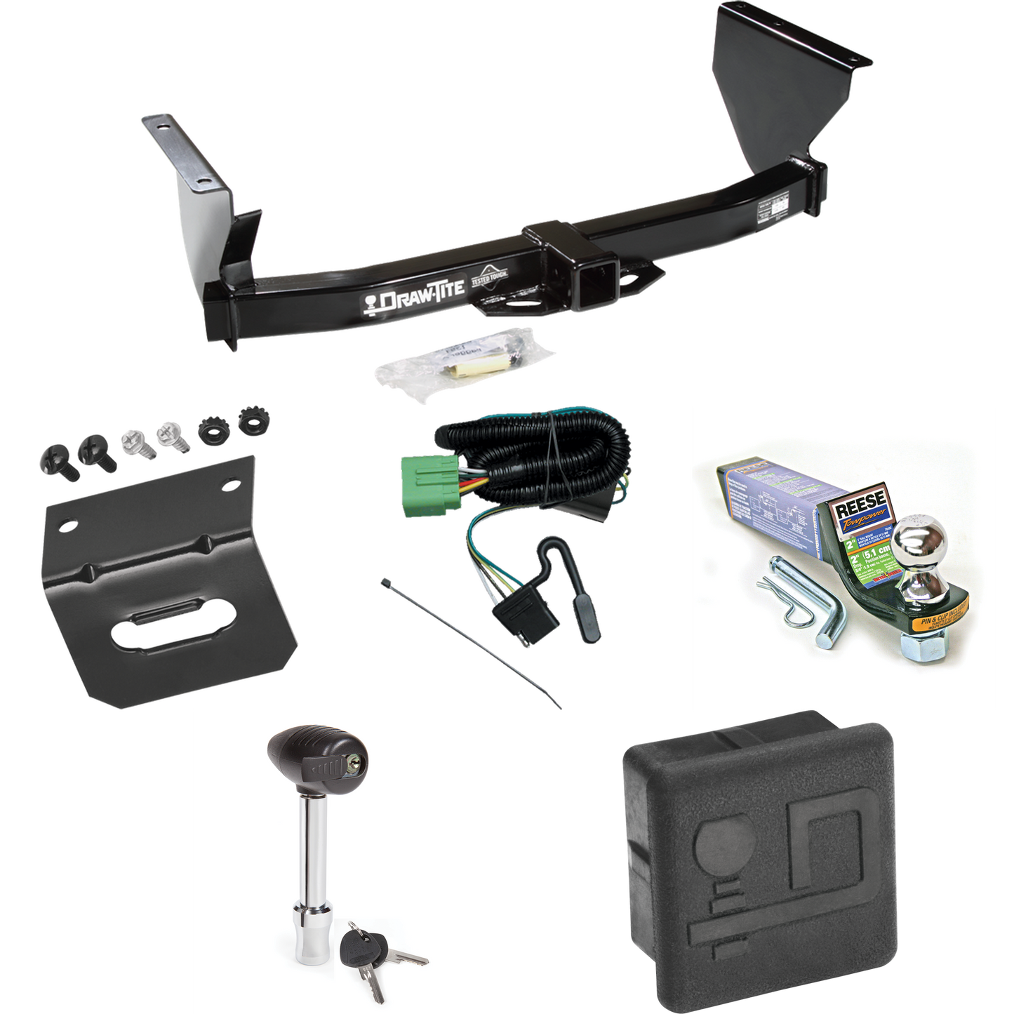 Fits 1999-2004 Jeep Grand Cherokee Trailer Hitch Tow PKG w/ 4-Flat Wiring + Starter Kit Ball Mount w/ 2" Drop & 1-7/8" Ball + Wiring Bracket + Hitch Lock + Hitch Cover By Draw-Tite