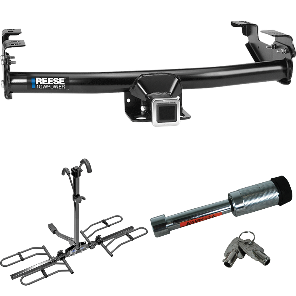 Fits 1981-1993 Dodge W250 Trailer Hitch Tow PKG w/ 2 Bike Plaform Style Carrier Rack + Hitch Lock By Reese Towpower