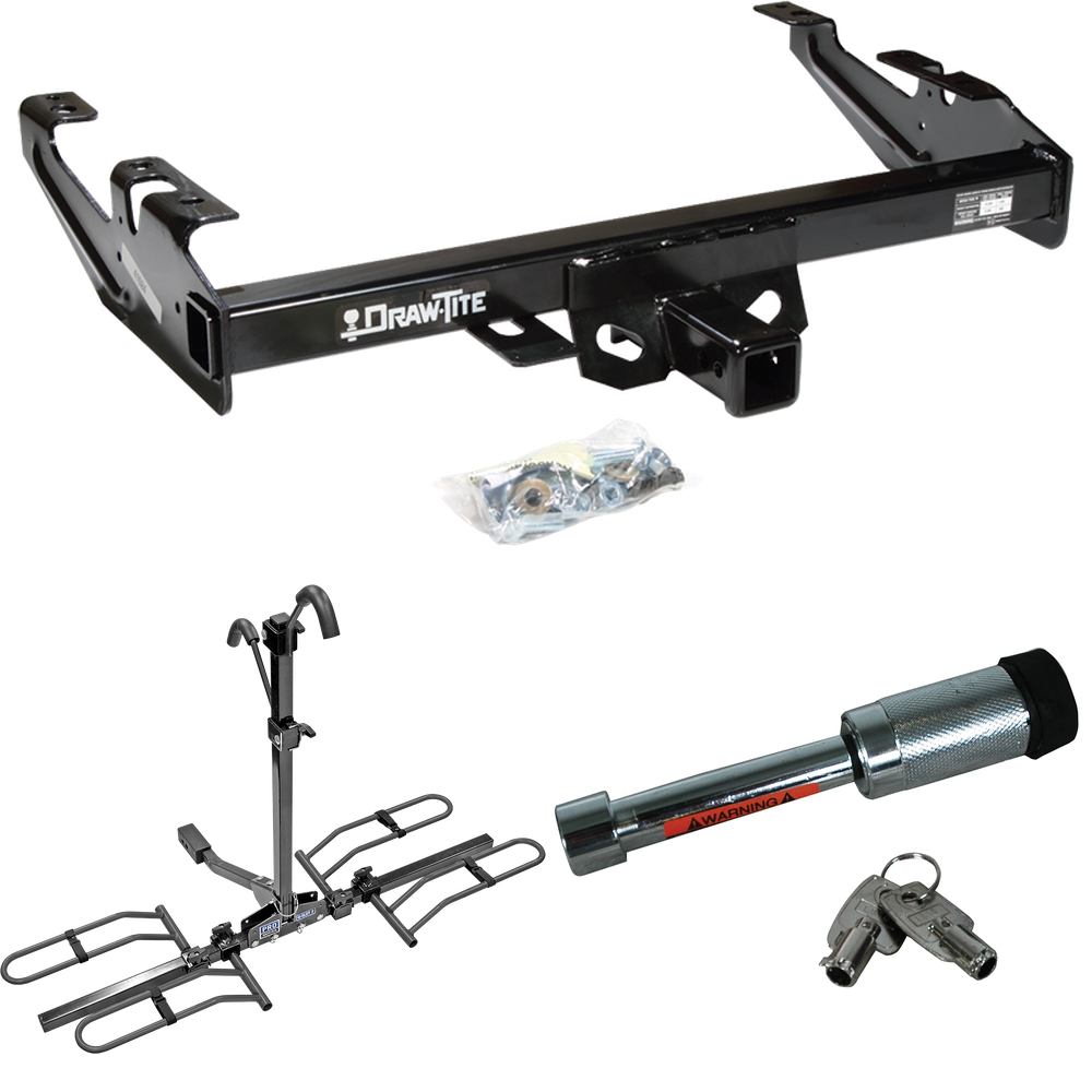 Fits 1992-2000 Chevrolet C2500 Trailer Hitch Tow PKG w/ 2 Bike Plaform Style Carrier Rack + Hitch Lock (For Crew Cab Models) By Draw-Tite