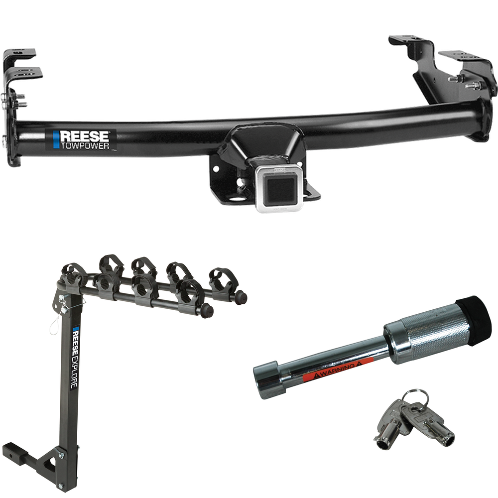 Fits 1981-1993 Dodge W250 Trailer Hitch Tow PKG w/ 4 Bike Carrier Rack + Hitch Lock By Reese Towpower