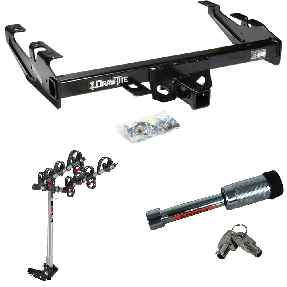 Fits 1988-2000 GMC C2500 Trailer Hitch Tow PKG w/ 4 Bike Carrier Rack + Hitch Lock By Draw-Tite