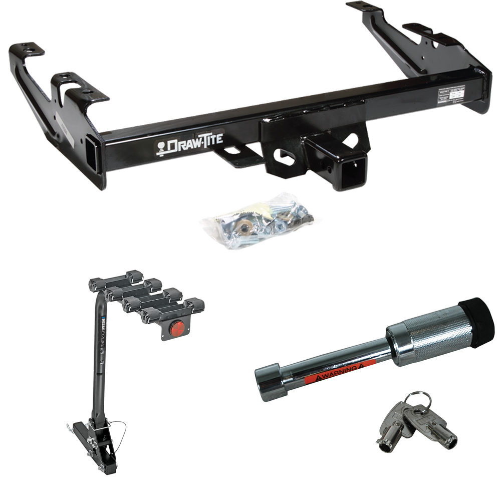 Fits 1988-1999 Chevrolet C1500 Trailer Hitch Tow PKG w/ 4 Bike Carrier Rack + Hitch Lock By Draw-Tite