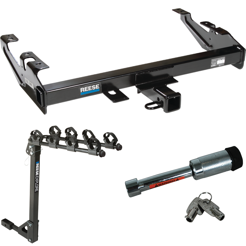 Fits 1988-2000 GMC K3500 Trailer Hitch Tow PKG w/ 4 Bike Carrier Rack + Hitch Lock By Reese Towpower