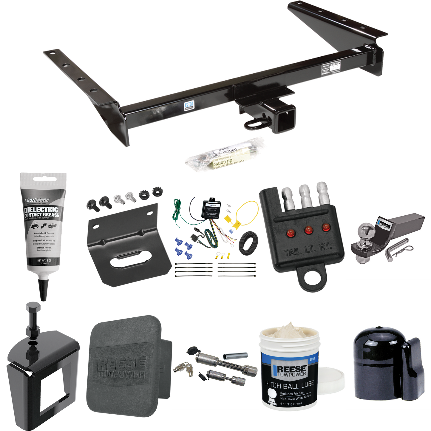 Fits 1993-1993 Jeep Grand Cherokee Trailer Hitch Tow PKG w/ 4-Flat Wiring + Starter Kit Ball Mount w/ 2" Drop & 2" Ball + 1-7/8" Ball + Wiring Bracket + Dual Hitch & Coupler Locks + Hitch Cover + Wiring Tester + Ball Lube + Electric Grease + Ball Wre