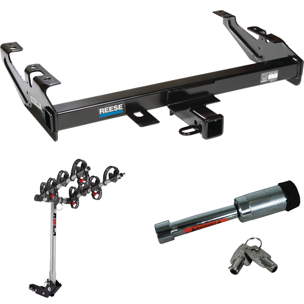 Fits 1988-1999 Chevrolet K2500 Trailer Hitch Tow PKG w/ 4 Bike Carrier Rack + Hitch Lock (For Regular & Extended Cabs Models) By Reese Towpower