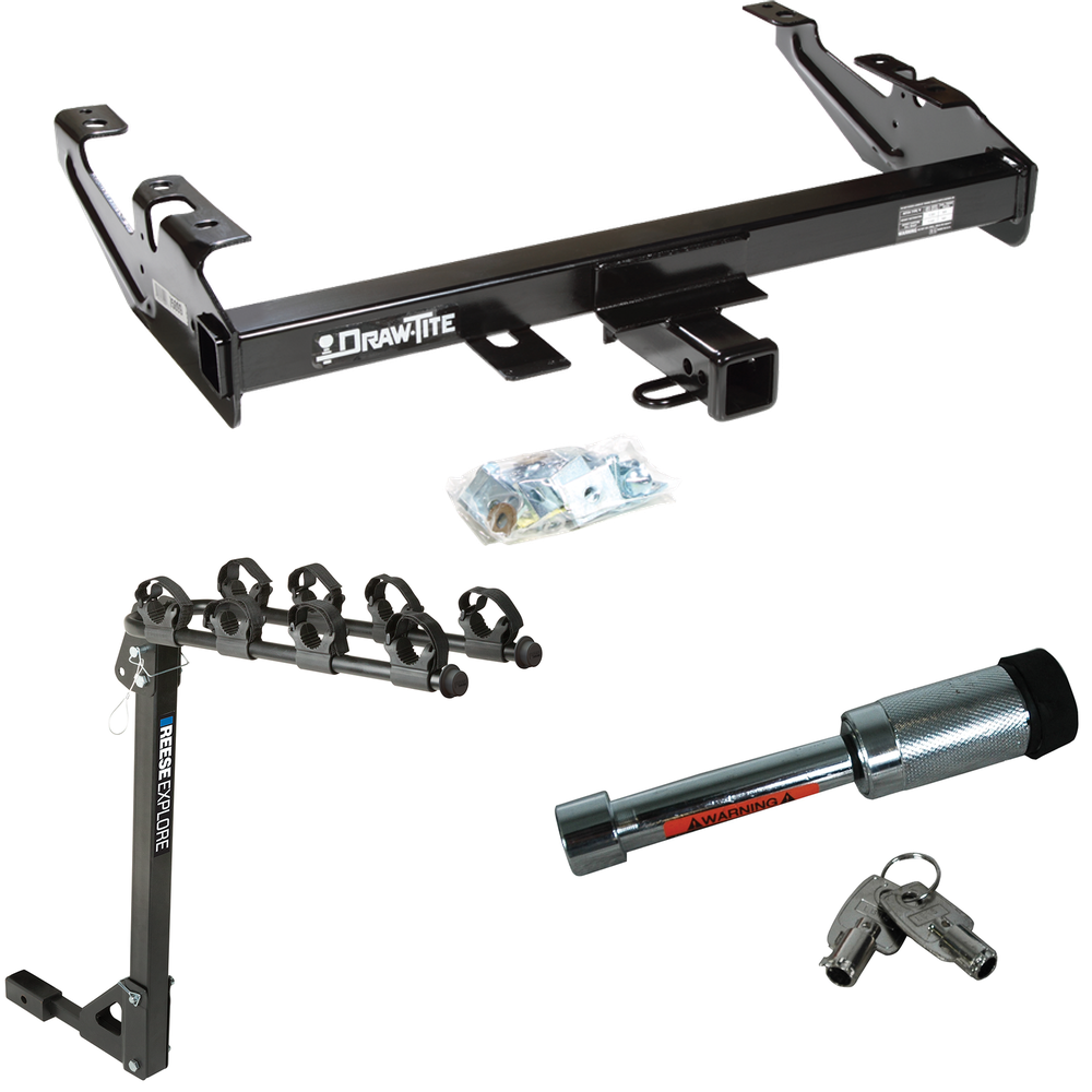 Fits 1988-2000 Chevrolet C3500 Trailer Hitch Tow PKG w/ 4 Bike Carrier Rack + Hitch Lock (For Regular & Extended Cabs Models) By Draw-Tite