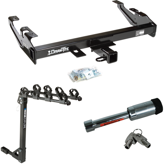 Fits 1988-2000 Chevrolet C3500 Trailer Hitch Tow PKG w/ 4 Bike Carrier Rack + Hitch Lock (For Regular & Extended Cabs Models) By Draw-Tite