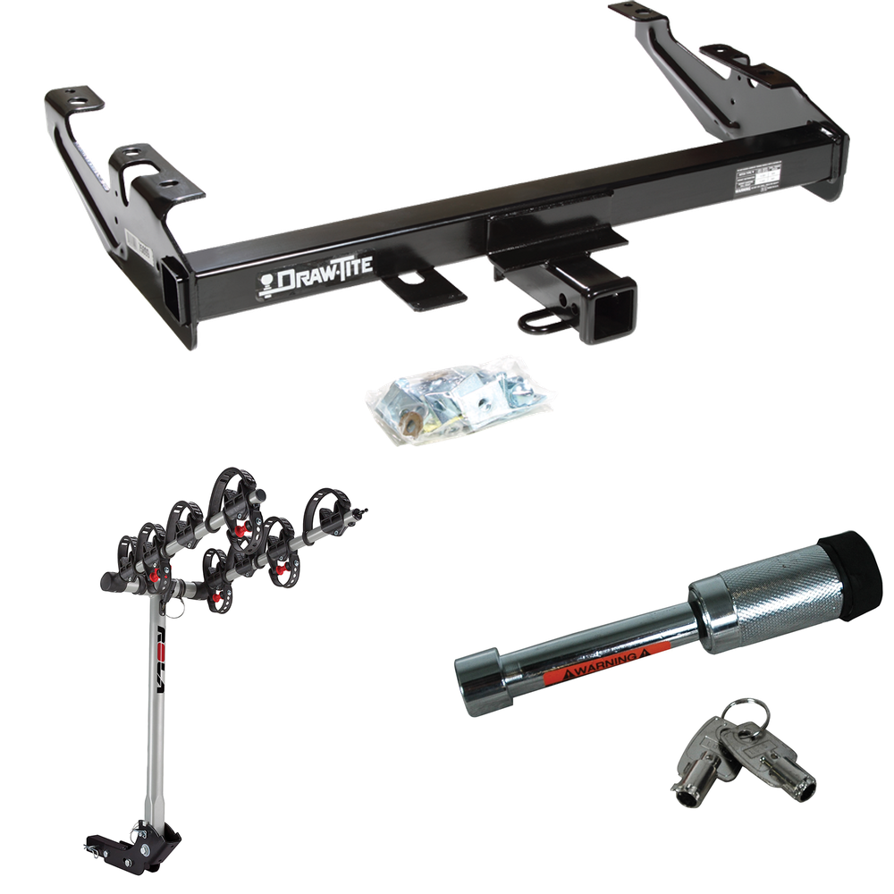 Fits 1988-1999 Chevrolet C2500 Trailer Hitch Tow PKG w/ 4 Bike Carrier Rack + Hitch Lock (For Regular & Extended Cabs Models) By Draw-Tite