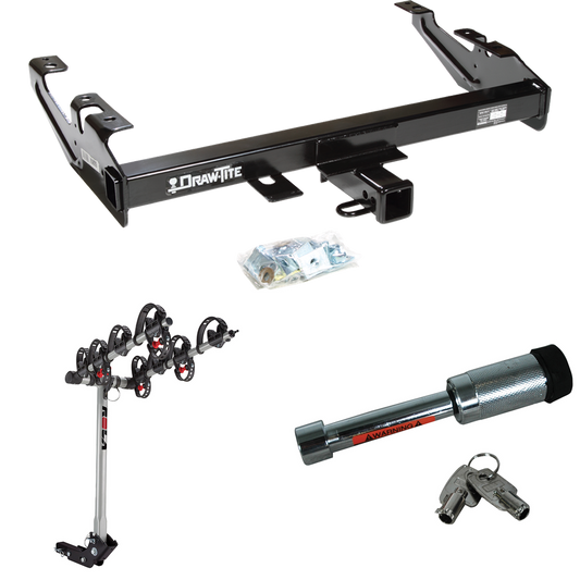 Fits 1988-1999 Chevrolet C2500 Trailer Hitch Tow PKG w/ 4 Bike Carrier Rack + Hitch Lock (For Regular & Extended Cabs Models) By Draw-Tite