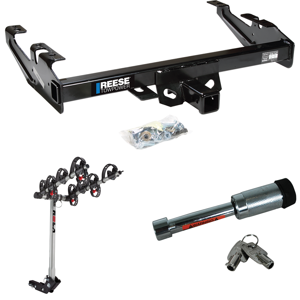 Fits 1988-2000 GMC C3500 Trailer Hitch Tow PKG w/ 4 Bike Carrier Rack + Hitch Lock By Reese Towpower