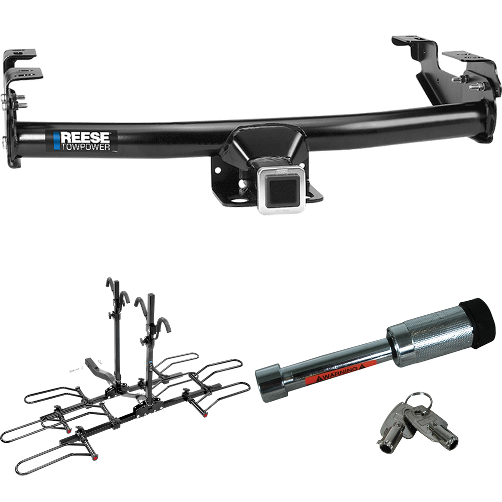 Fits 1988-1999 Chevrolet K2500 Trailer Hitch Tow PKG w/ 4 Bike Plaform Style Carrier Rack + Hitch Lock (For Regular & Extended Cabs Models) By Reese Towpower