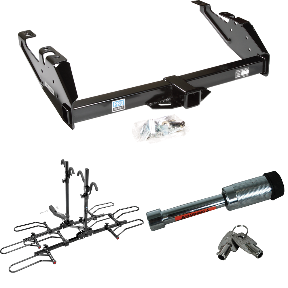 Fits 1992-2000 Chevrolet K2500 Trailer Hitch Tow PKG w/ 4 Bike Plaform Style Carrier Rack + Hitch Lock (For Crew Cab Models) By Reese Towpower