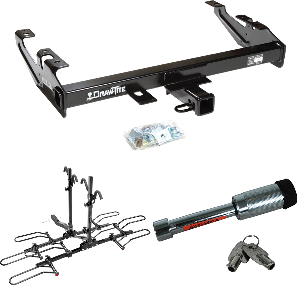 Fits 1992-2000 Chevrolet K2500 Trailer Hitch Tow PKG w/ 4 Bike Plaform Style Carrier Rack + Hitch Lock (For Crew Cab Models) By Draw-Tite