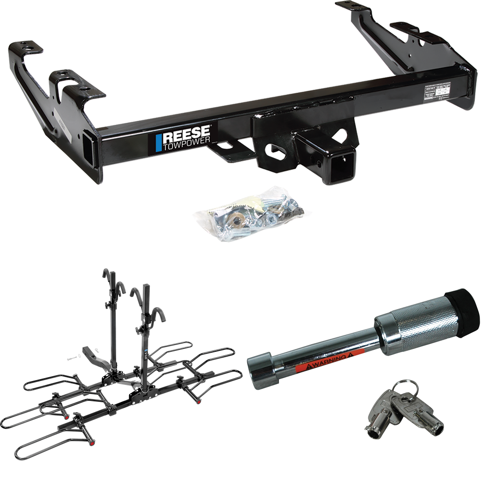 Fits 1992-2000 Chevrolet C3500 Trailer Hitch Tow PKG w/ 4 Bike Plaform Style Carrier Rack + Hitch Lock (For Crew Cab Models) By Reese Towpower