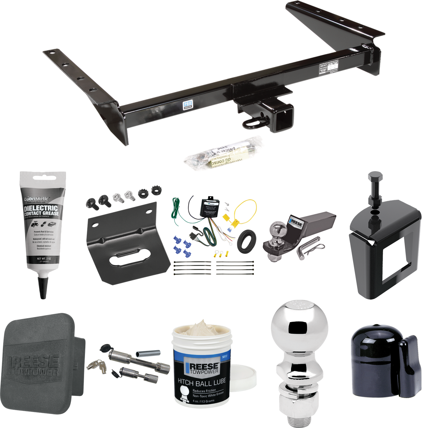 Fits 1993-1993 Jeep Grand Cherokee Trailer Hitch Tow PKG w/ 4-Flat Wiring + Starter Kit Ball Mount w/ 2" Drop & 2" Ball + 2-5/16" Ball + Wiring Bracket + Dual Hitch & Coupler Locks + Hitch Cover + Wiring Tester + Ball Lube +Electric Grease + Ball Wre