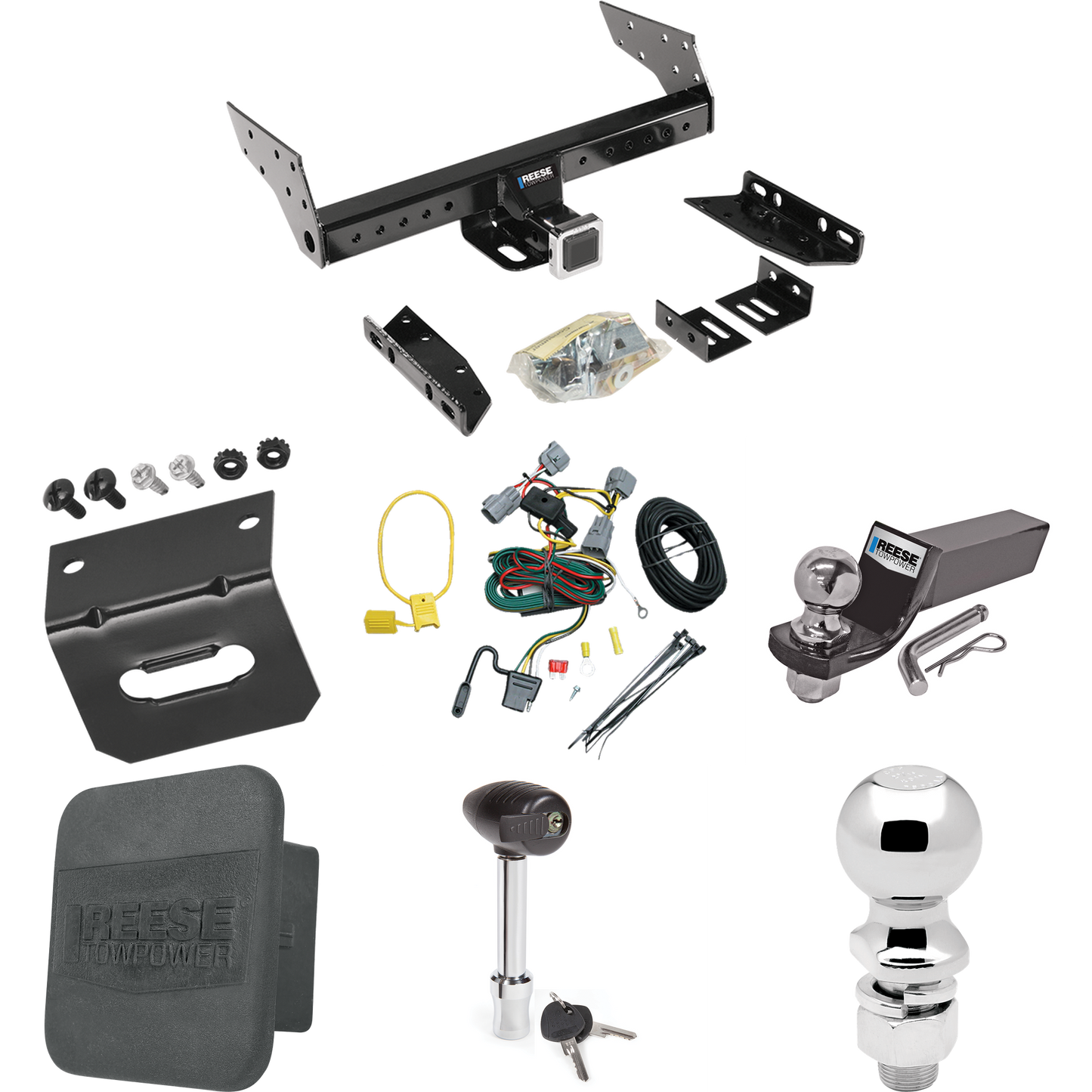 Fits 1994-1998 Jeep Grand Cherokee Trailer Hitch Tow PKG w/ 4-Flat Wiring + Starter Kit Ball Mount w/ 2" Drop & 2" Ball + 2-5/16" Ball + Wiring Bracket + Hitch Lock + Hitch Cover By Reese Towpower