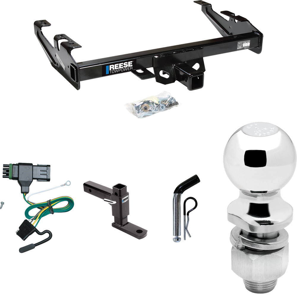 Fits 1988-2000 Chevrolet K3500 Trailer Hitch Tow PKG w/ 4-Flat Wiring + Adjustable Drop Rise Ball Mount + Pin/Clip + 2" Ball (For Regular & Extended Cabs Models) By Reese Towpower