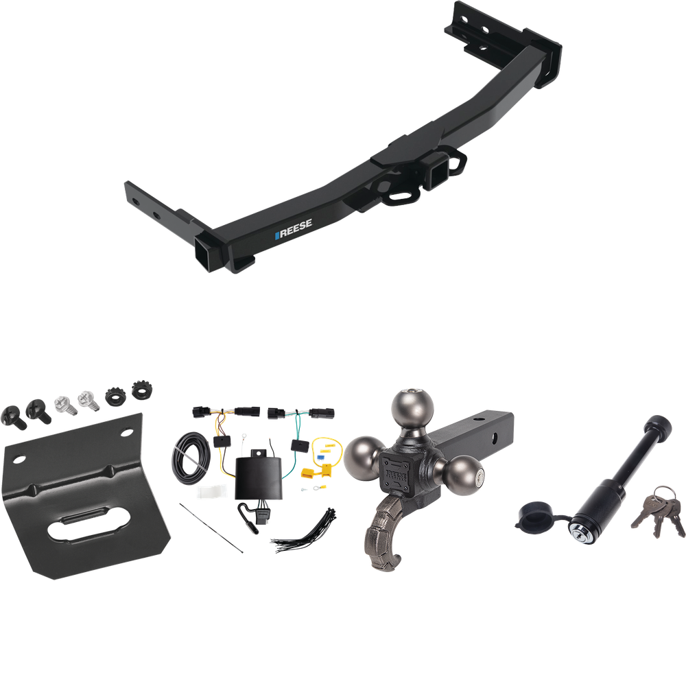 Fits 2022-2023 Jeep Grand Cherokee Trailer Hitch Tow PKG w/ 4-Flat Wiring + Tactical Triple Ball Ball Mount 1-7/8" & 2" & 2-5/16" Balls & Tow Hook + Tactical Dogbone Lock + Wiring Bracket By Reese Towpower