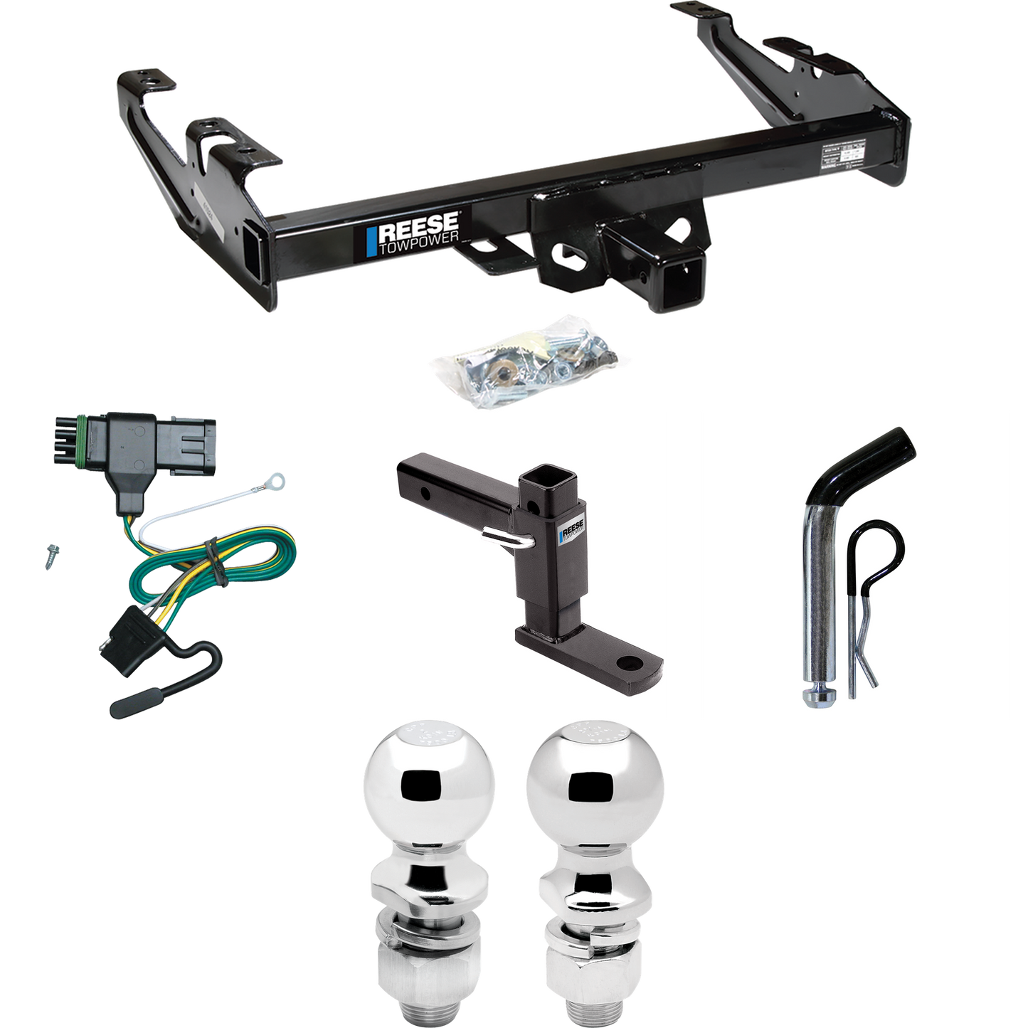 Fits 1988-1999 Chevrolet K1500 Trailer Hitch Tow PKG w/ 4-Flat Wiring + Adjustable Drop Rise Ball Mount + Pin/Clip + 2" Ball + 2-5/16" Ball By Reese Towpower