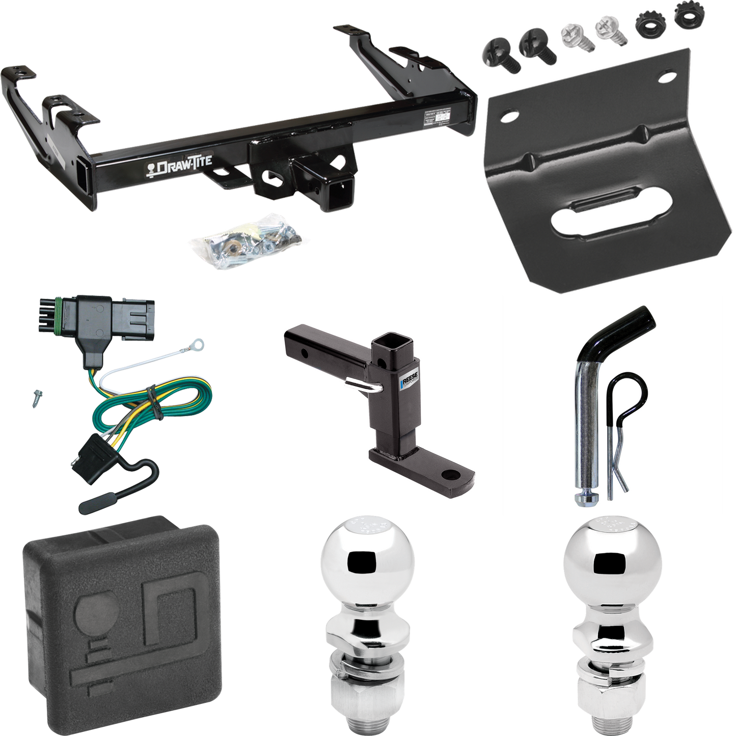 Fits 1988-2000 GMC C3500 Trailer Hitch Tow PKG w/ 4-Flat Wiring + Adjustable Drop Rise Ball Mount + Pin/Clip + 2" Ball + 2-5/16" Ball + Wiring Bracket + Hitch Cover By Draw-Tite