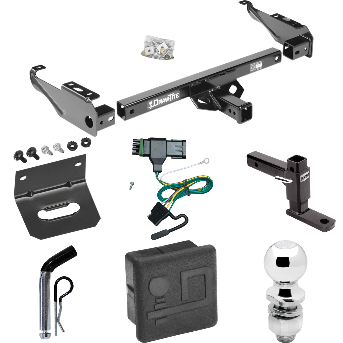 Fits 1988-2000 GMC C3500 Trailer Hitch Tow PKG w/ 4-Flat Wiring + Adjustable Drop Rise Ball Mount + Pin/Clip + 2" Ball + Wiring Bracket + Hitch Cover By Draw-Tite