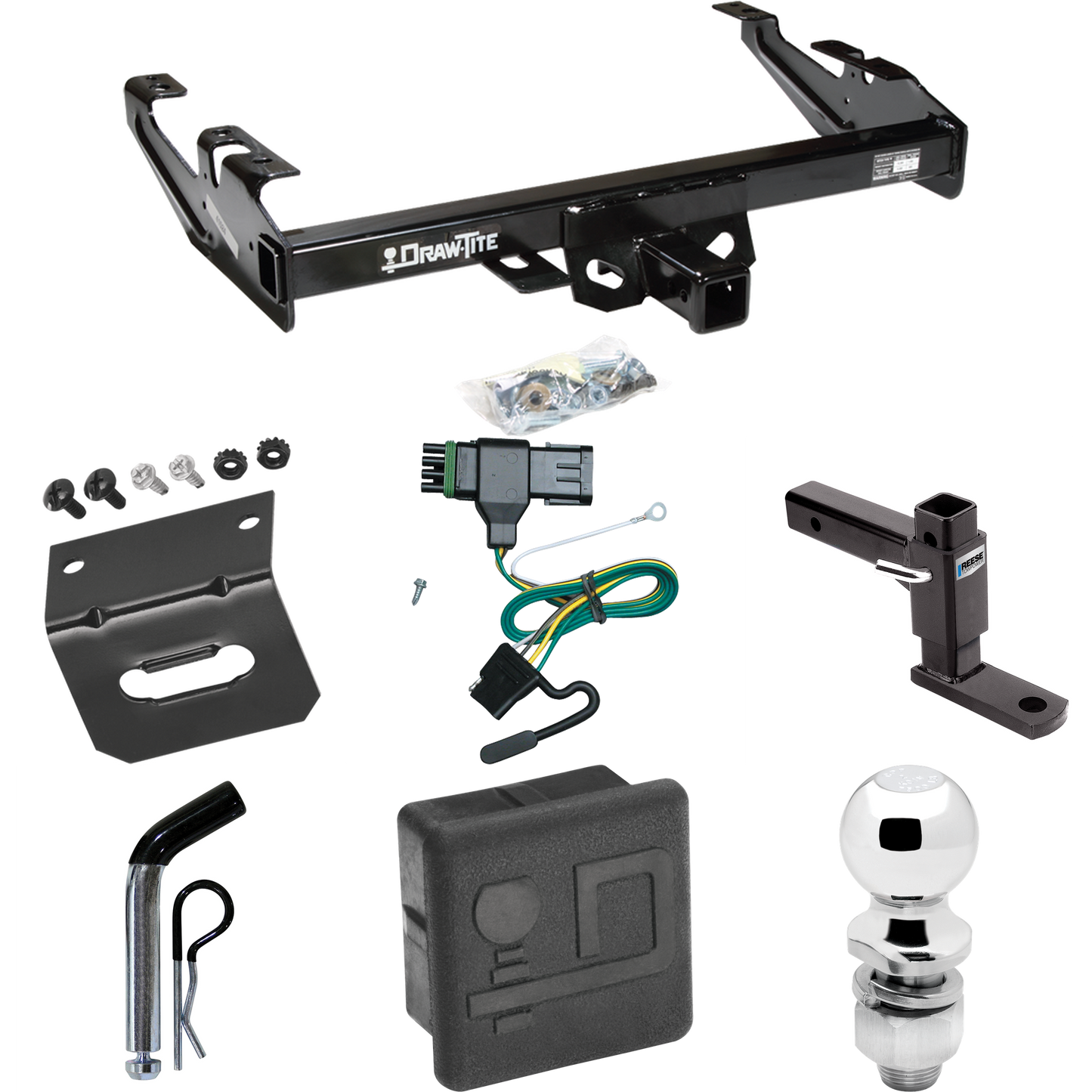 Fits 1992-2000 Chevrolet K2500 Trailer Hitch Tow PKG w/ 4-Flat Wiring + Adjustable Drop Rise Ball Mount + Pin/Clip + 2" Ball + Wiring Bracket + Hitch Cover (For Crew Cab Models) By Draw-Tite