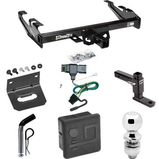 Fits 1992-2000 Chevrolet K2500 Trailer Hitch Tow PKG w/ 4-Flat Wiring + Adjustable Drop Rise Ball Mount + Pin/Clip + 2" Ball + Wiring Bracket + Hitch Cover (For Crew Cab Models) By Draw-Tite