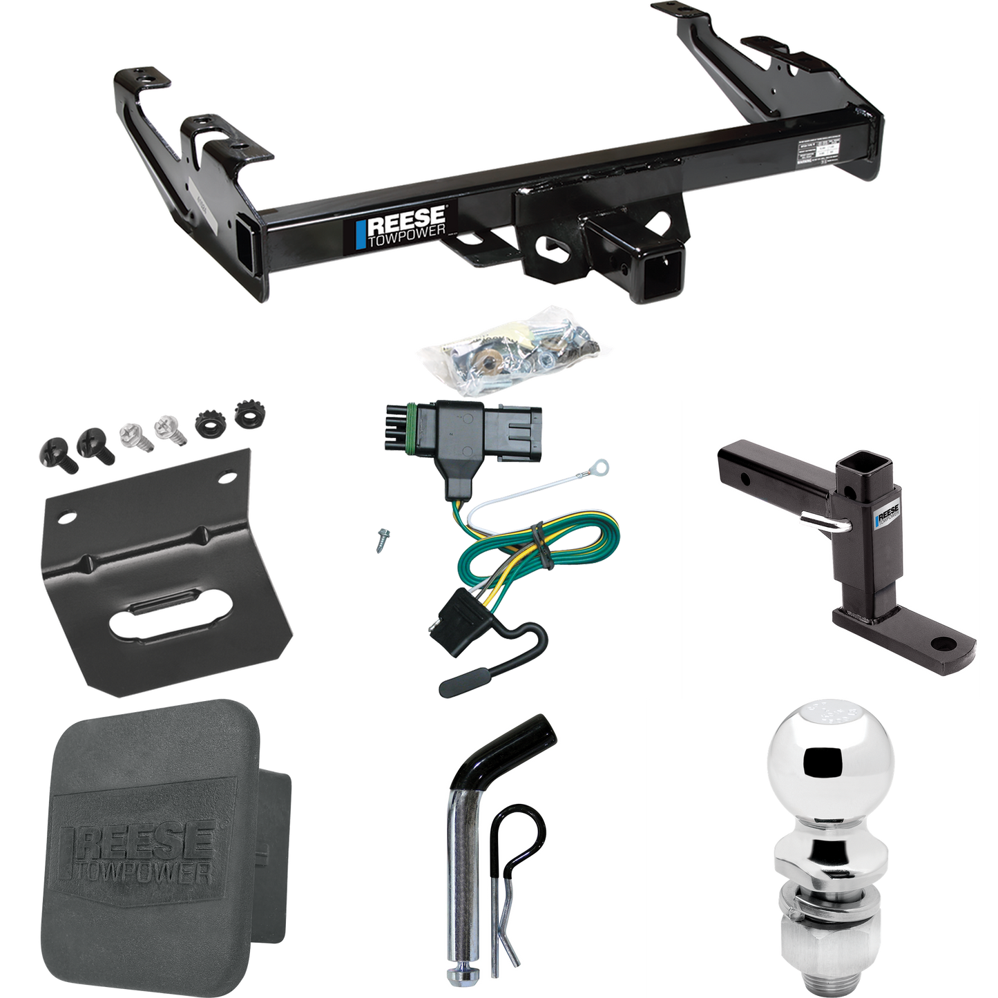 Fits 1988-1999 Chevrolet K1500 Trailer Hitch Tow PKG w/ 4-Flat Wiring + Adjustable Drop Rise Ball Mount + Pin/Clip + 2" Ball + Wiring Bracket + Hitch Cover By Reese Towpower