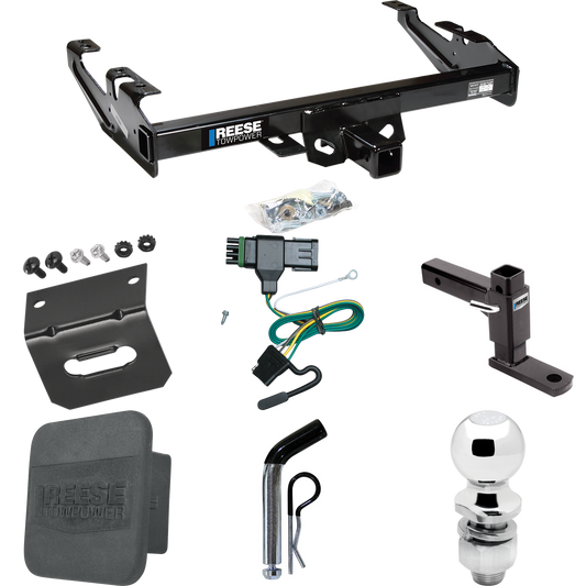 Fits 1988-1999 Chevrolet K1500 Trailer Hitch Tow PKG w/ 4-Flat Wiring + Adjustable Drop Rise Ball Mount + Pin/Clip + 2" Ball + Wiring Bracket + Hitch Cover By Reese Towpower