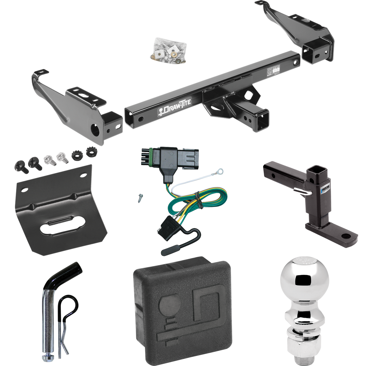 Fits 1988-2000 GMC C2500 Trailer Hitch Tow PKG w/ 4-Flat Wiring + Adjustable Drop Rise Ball Mount + Pin/Clip + 2-5/16" Ball + Wiring Bracket + Hitch Cover By Draw-Tite