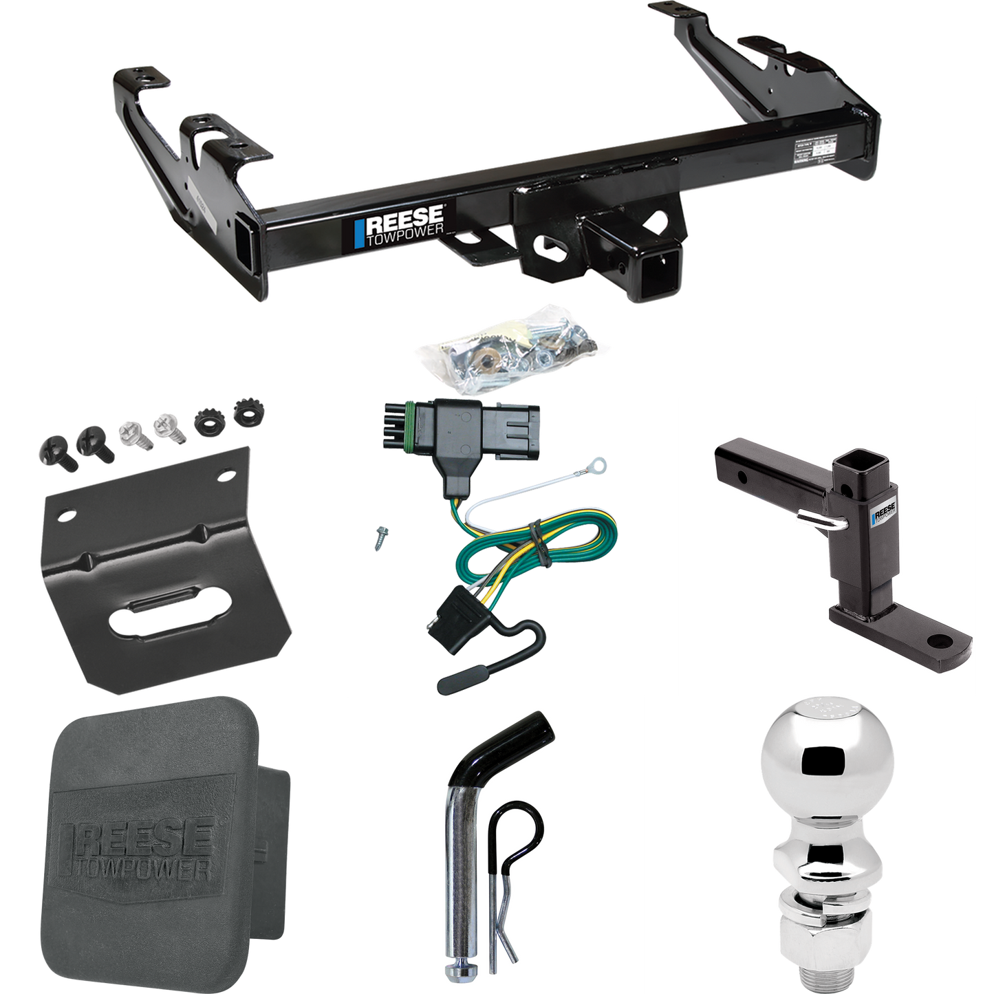 Fits 1988-1999 GMC C1500 Trailer Hitch Tow PKG w/ 4-Flat Wiring + Adjustable Drop Rise Ball Mount + Pin/Clip + 2-5/16" Ball + Wiring Bracket + Hitch Cover By Reese Towpower