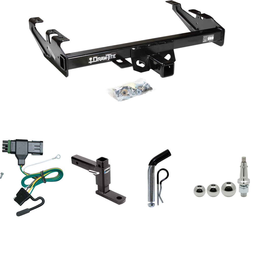 Fits 1988-2000 Chevrolet K3500 Trailer Hitch Tow PKG w/ 4-Flat Wiring + Adjustable Drop Rise Ball Mount + Pin/Clip + Inerchangeable 1-7/8" & 2" & 2-5/16" Balls (For Regular & Extended Cabs Models) By Draw-Tite