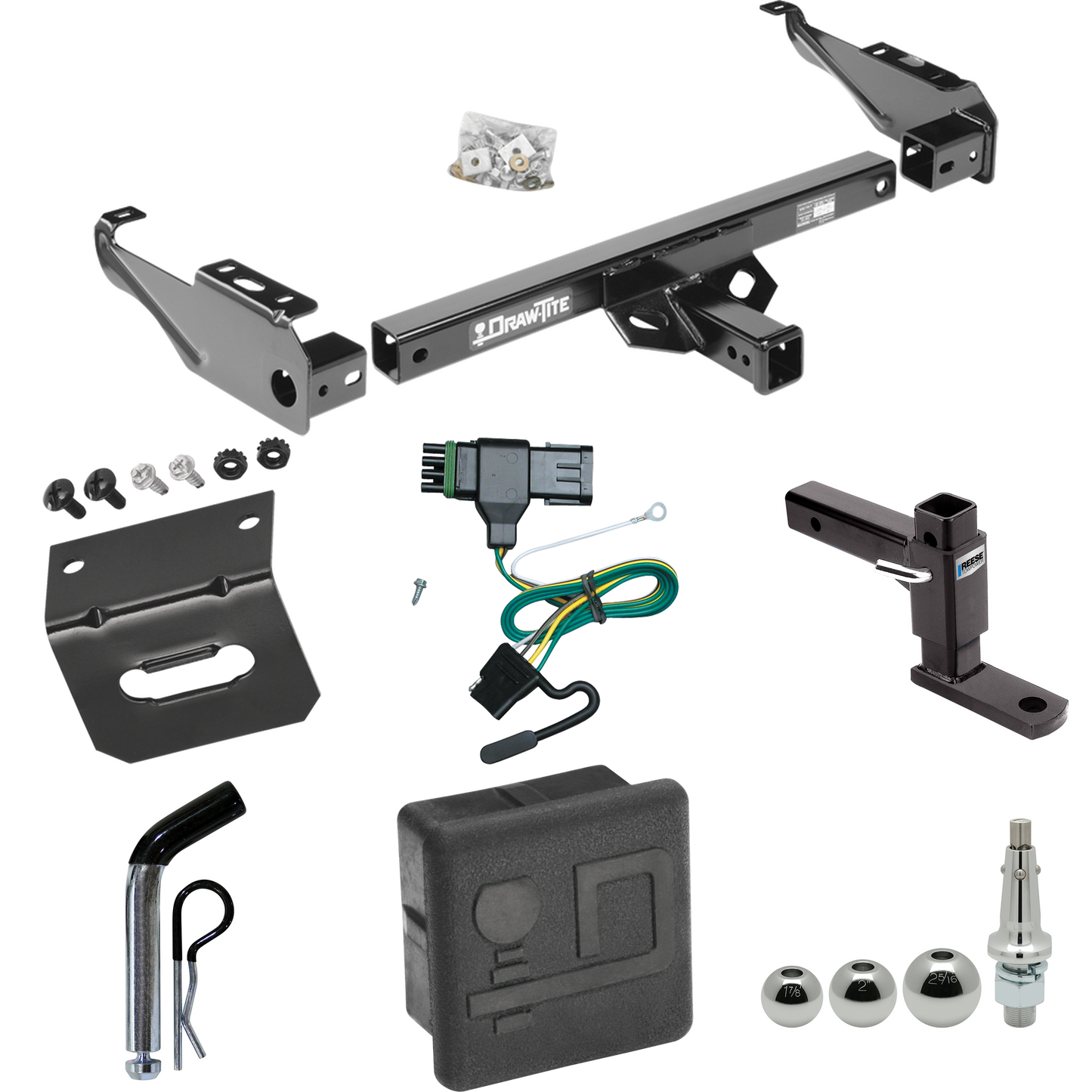 Fits 1988-2000 GMC C3500 Trailer Hitch Tow PKG w/ 4-Flat Wiring + Adjustable Drop Rise Ball Mount + Pin/Clip + Inerchangeable 1-7/8" & 2" & 2-5/16" Balls + Wiring Bracket + Hitch Cover By Draw-Tite