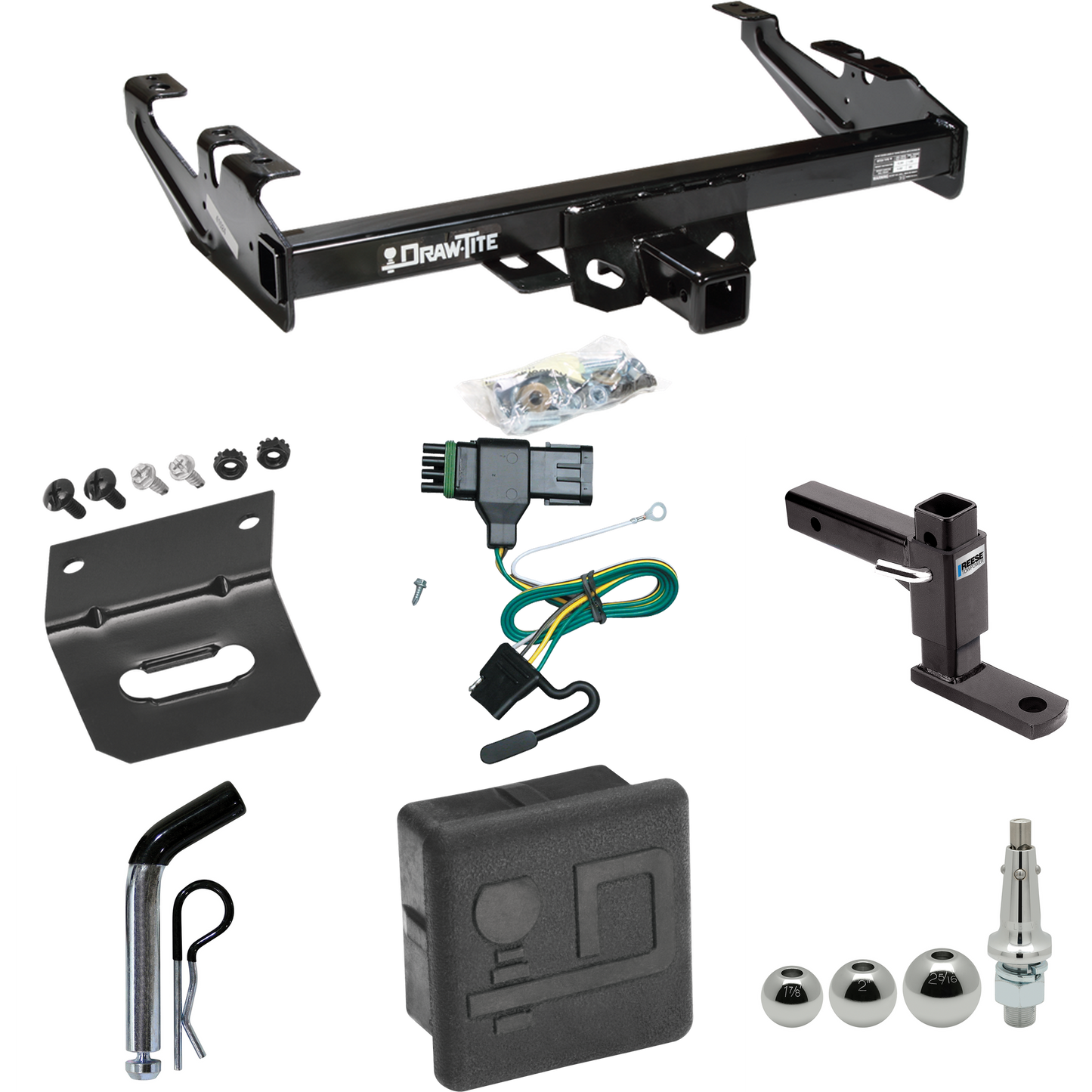 Fits 1988-2000 Chevrolet K3500 Trailer Hitch Tow PKG w/ 4-Flat Wiring + Adjustable Drop Rise Ball Mount + Pin/Clip + Inerchangeable 1-7/8" & 2" & 2-5/16" Balls + Wiring Bracket + Hitch Cover (For Regular & Extended Cabs Models) By Draw-Tite